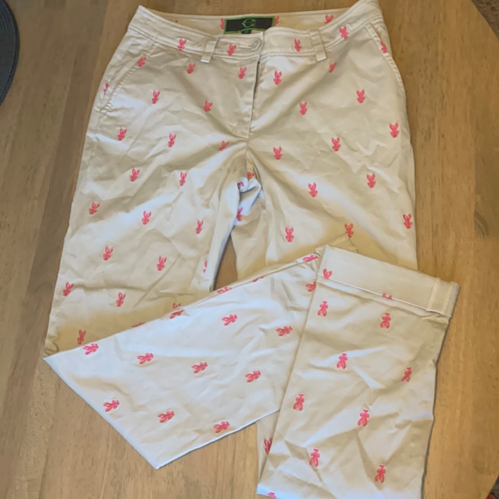 C. Wonder | Cream Straigh Leg Pant Khakis w/ Pink Embroidered Lobster Print
